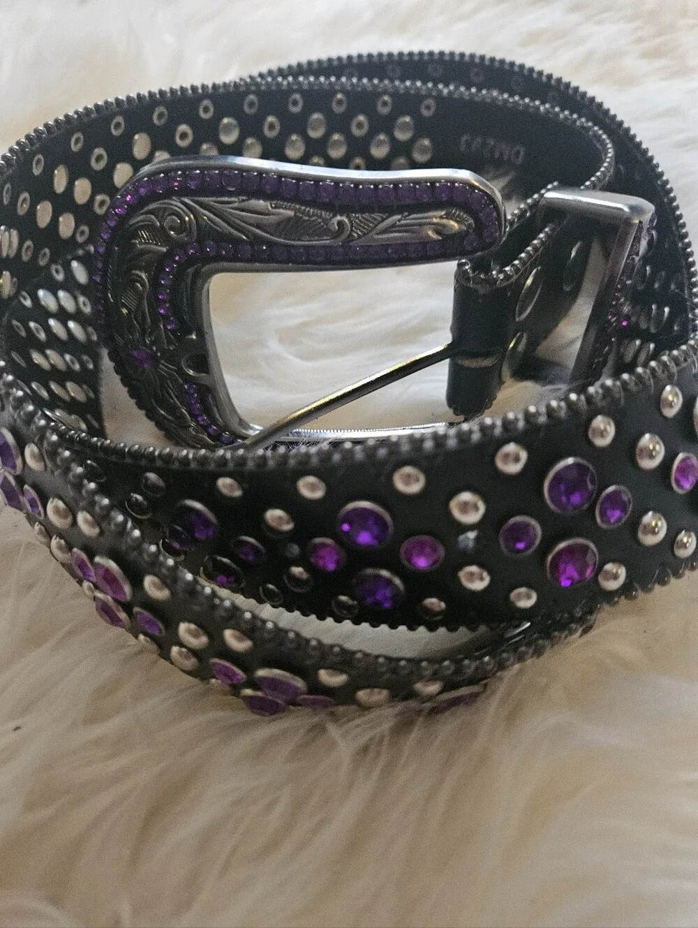 Blacl Leather  Belt With Purple Crystal all Over And Gunmetal Hardware.